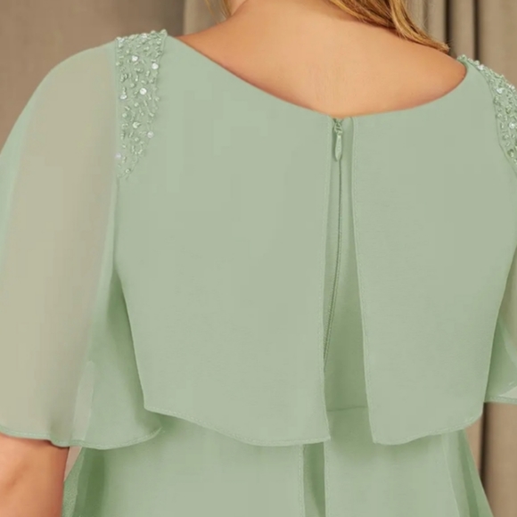 New🎀Plus size Azazie Rita dusty sage flowy chiffon asymmetric tiered Beads - Picture 8 of 10